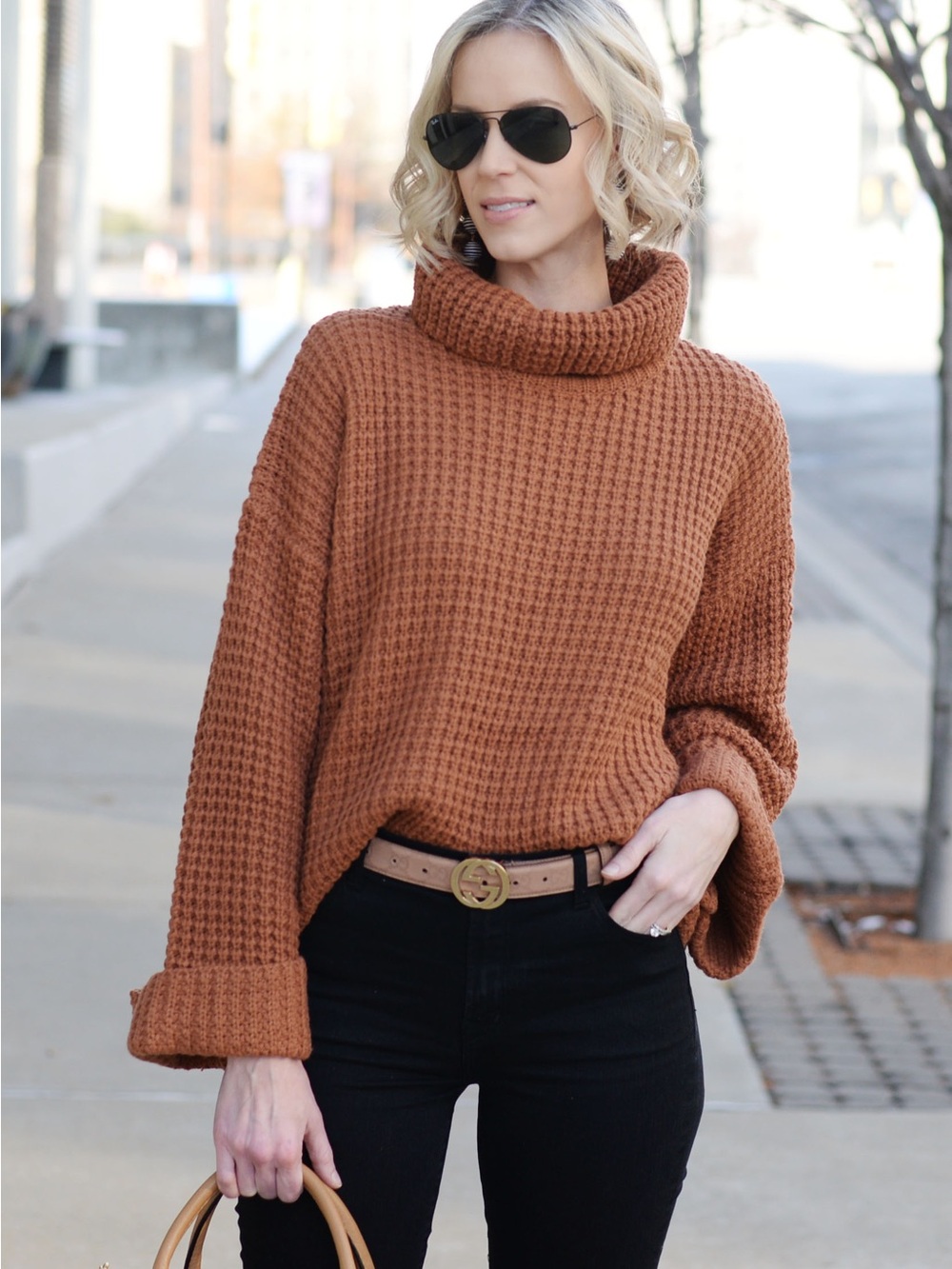 Cozy Chunky Waffle Knit Turtleneck Sweater - Rust